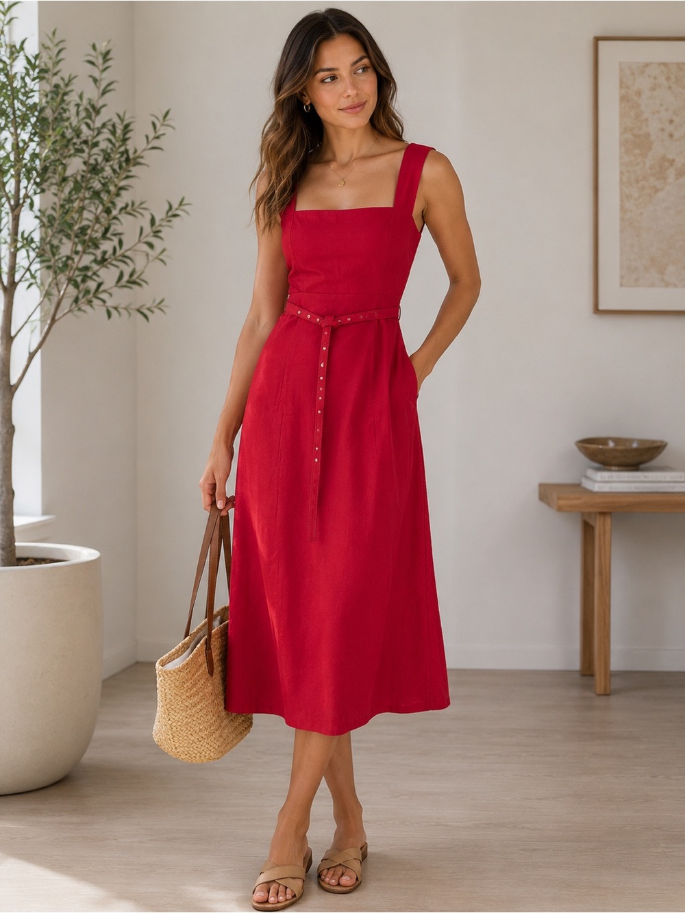 Never worn!!sexy Song of Style Crimson Square-Neck Midi Dress with belt